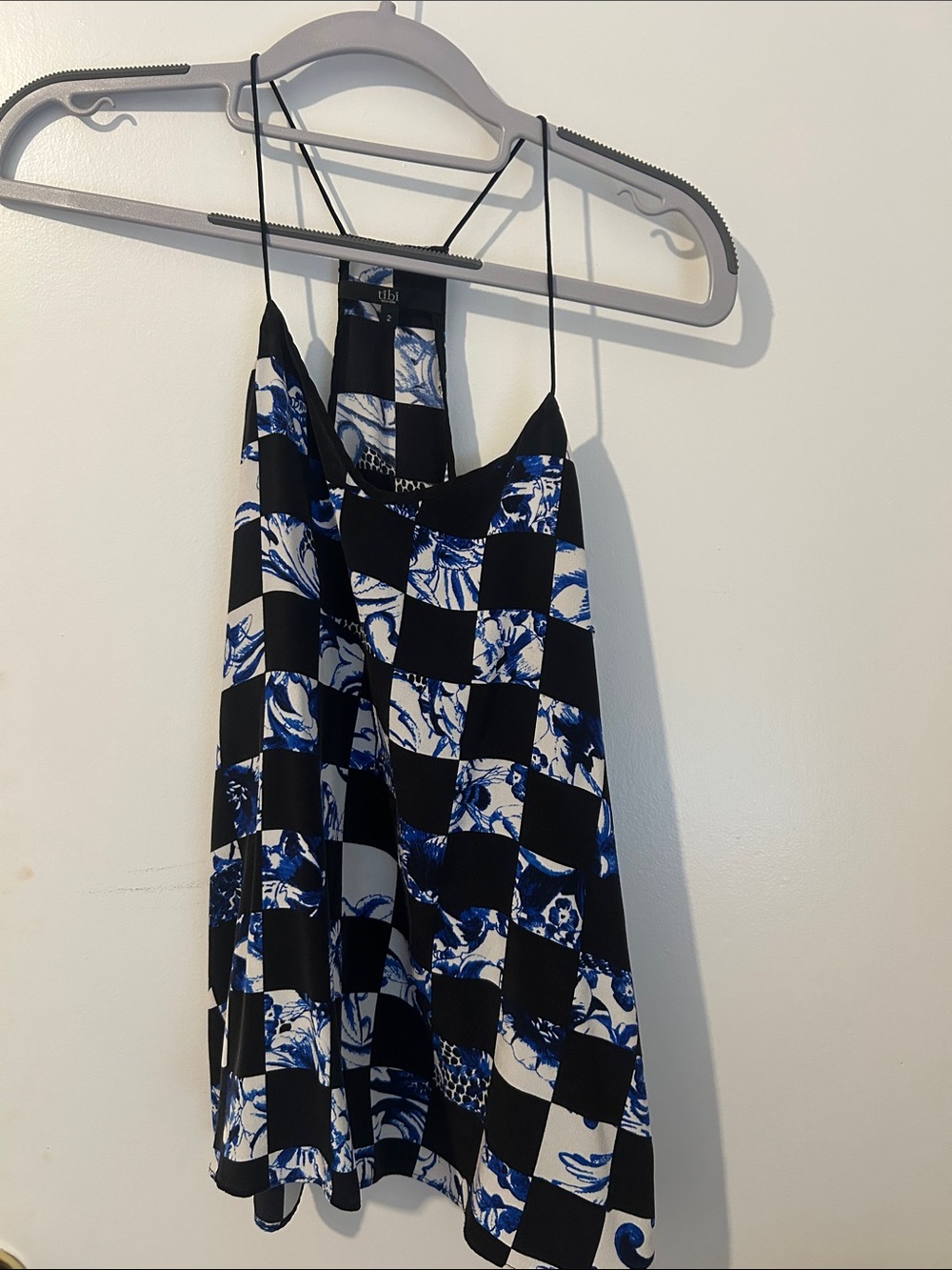 Tibi Black, White & Blue Checkerboard Slip Tank